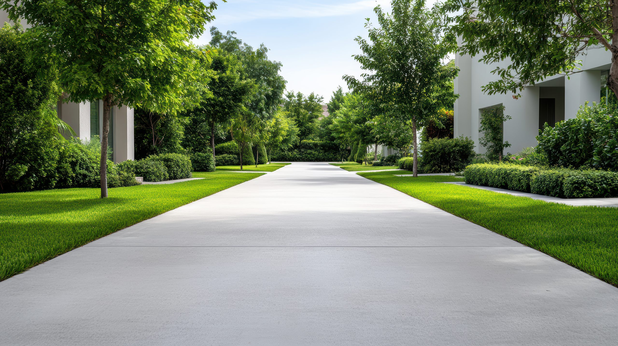 a walkway in front of a house with green grass free photo